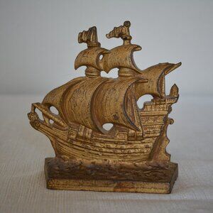 Vintage Solid Brass Bronze Ship Bookend Galleon England Nautical Pirate Decor